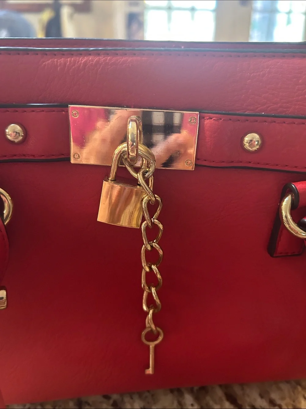 Charming Charlie Red Satchel with Gold Lock Charm